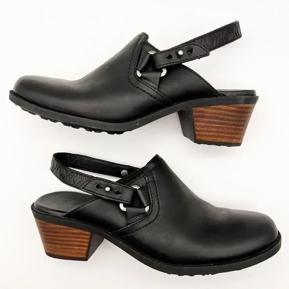 TEVA Foxy Black Leather Adjustable Slingback Mid Block Heel Clogs Women’s 7.5 - Picture 6 of 12